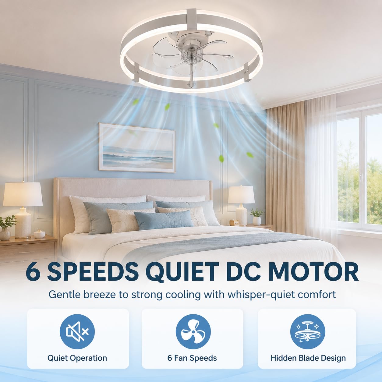 Ceiling Fan Mount - 20インチ シーリングファン ライトとリモコン付き ブラックメタルアクリル | 薄型埋め込みファンライト、3000-6000K調光可能LEDファンデリア、寝室キッチン用6段階速度調整リバーシブルDCモーター