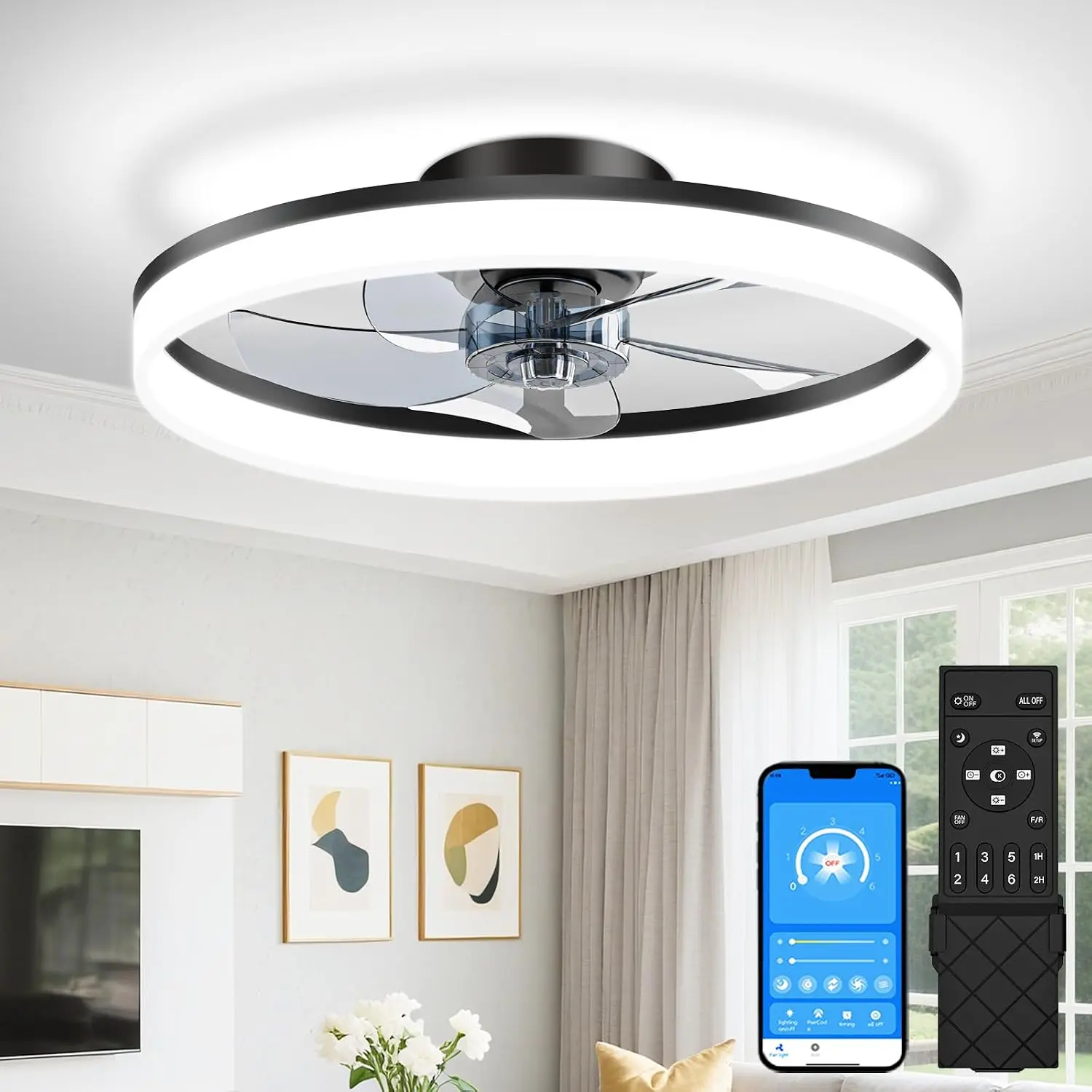 Ceiling Fan Mount - 薄型シーリングファン（照明とリモコン付き）、20インチファンデリアシーリングファン（埋め込み型）、3000K-6500KスマートブレードレスLEDファン