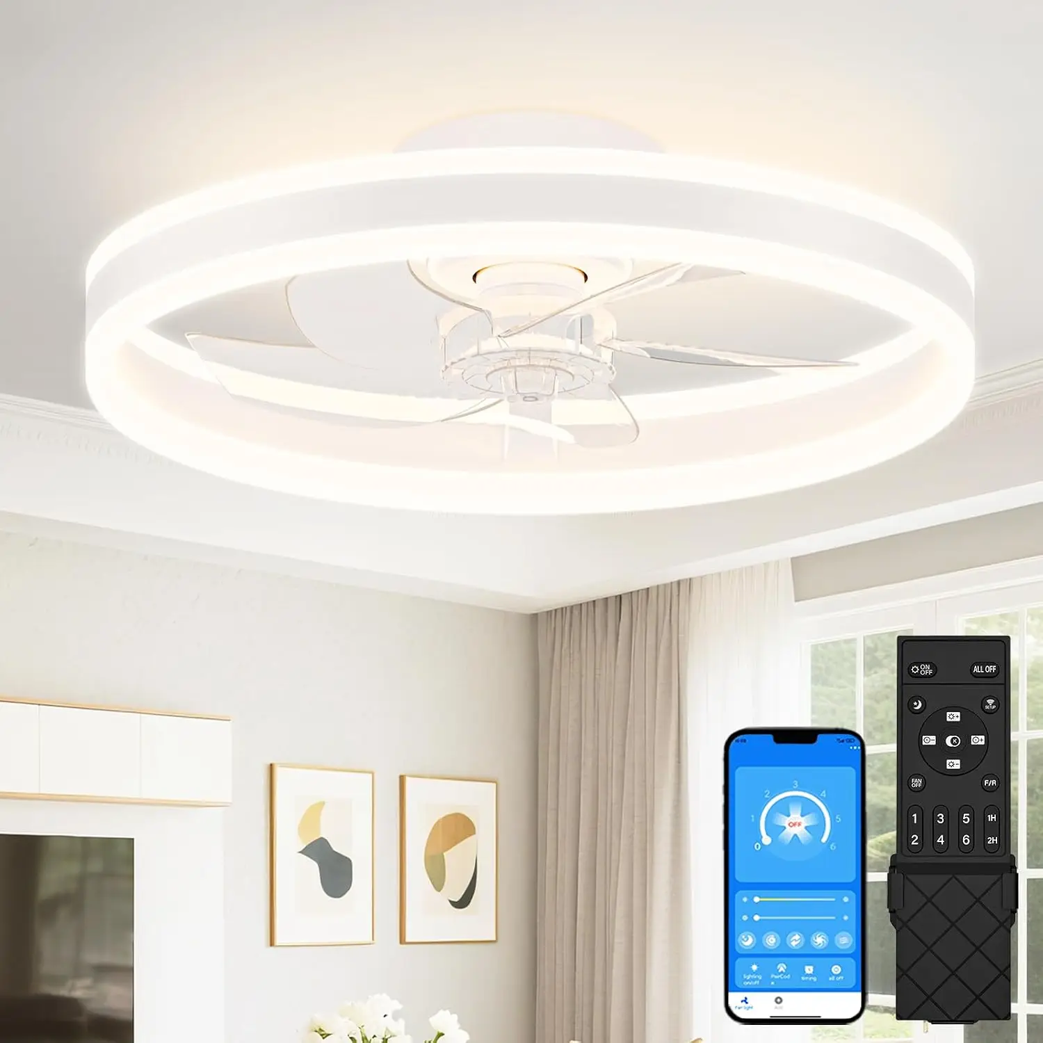 Ceiling Fan Mount - 薄型シーリングファン（照明・リモコン付き）、20インチ埋め込み型シーリングファン（照明付き）、3000K-6500K調光可能なファンデリアLED