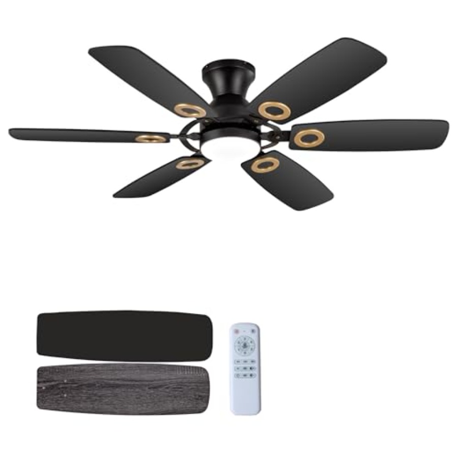Ceiling Fan Mount - ライト付きシーリングファン、リモコン付きブラック薄型フラッシュマウント、48インチ、6速静音リバーシブルDCモーター調光可能