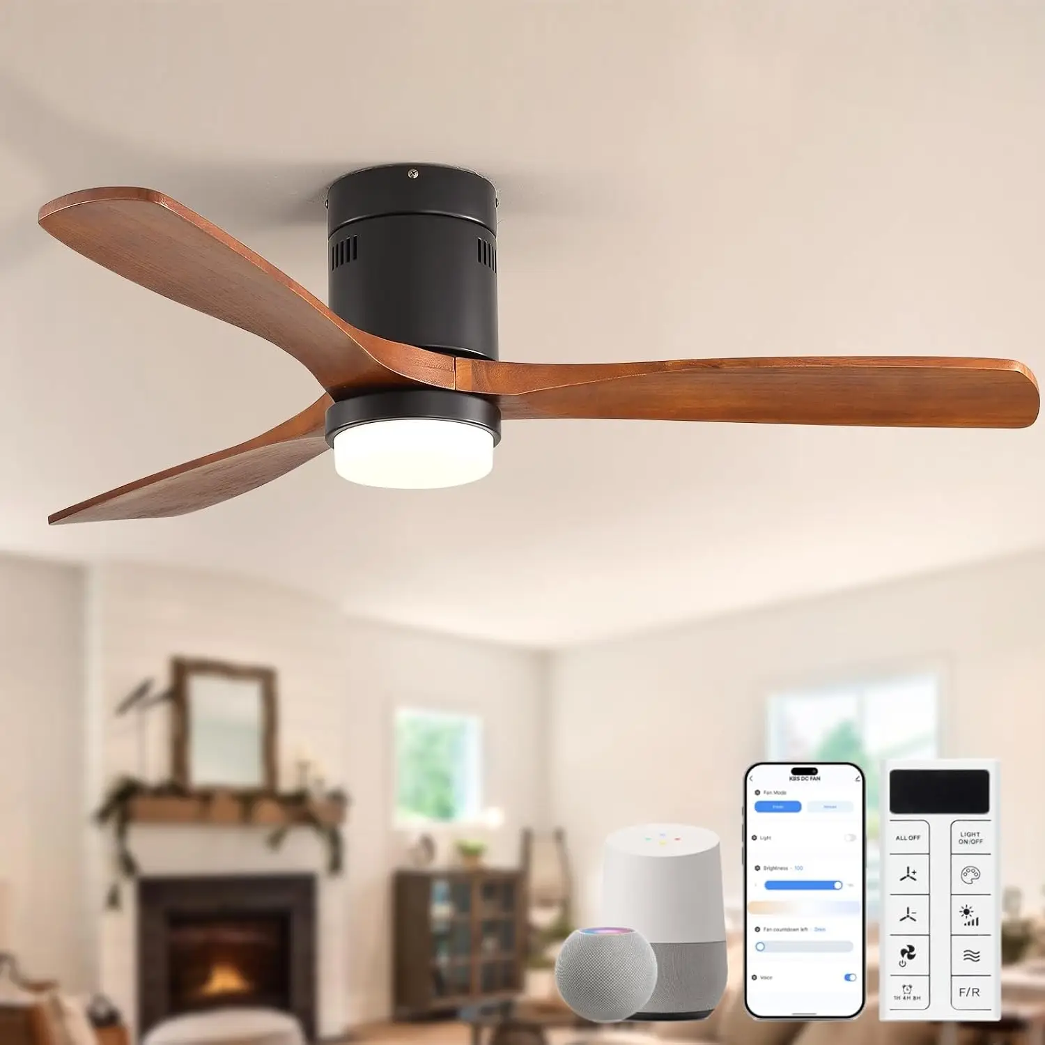 Ceiling Fan Mount - 52インチスマートシーリングファン（照明付き）-フラッシュマウント薄型モダン屋外無垢材シーリングファン（Alexa/Google対応）
