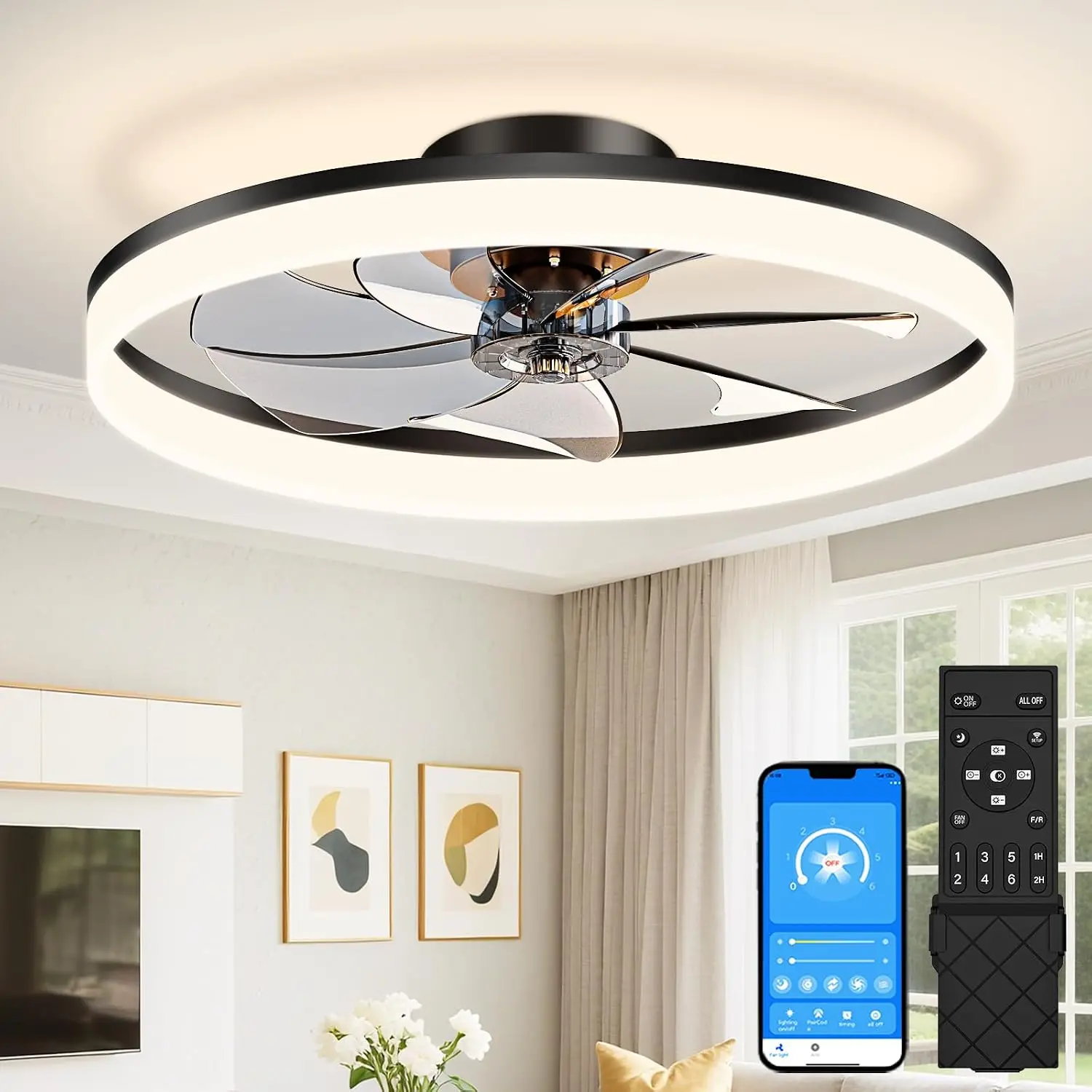薄型シーリングファン（ライトとリモコン付き）、27.6インチ - Ceiling Fan Mount のレビューと価格